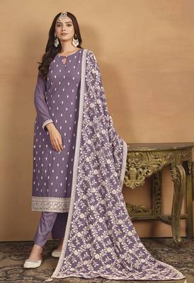 Faux georgette embroidered salwar suit in lavender 2
