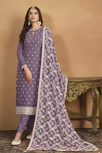 Faux georgette embroidered salwar suit in lavender