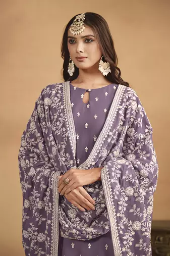 Faux georgette embroidered salwar suit in lavender