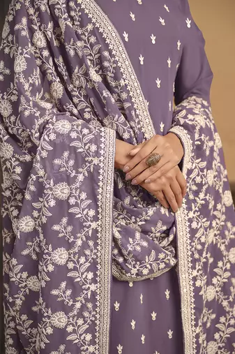 Faux georgette embroidered salwar suit in lavender