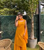 Yellow partywear designer georgette kurta palazzo and dupatta set