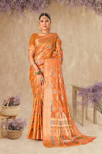Orange Organza Faux Kanjeevaram Woven Saree With Unstitched Blouse Piece