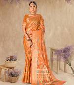 Orange Organza Faux Kanjeevaram Woven Saree With Unstitched Blouse Piece