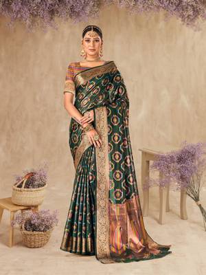 Bottle Green Organza Faux Kanjeevaram Woven Saree With Unstitched Blouse Piece 1