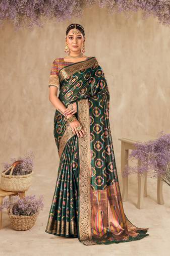 Bottle Green Organza Faux Kanjeevaram Woven Saree With Unstitched Blouse Piece