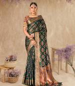 Bottle Green Organza Faux Kanjeevaram Woven Saree With Unstitched Blouse Piece