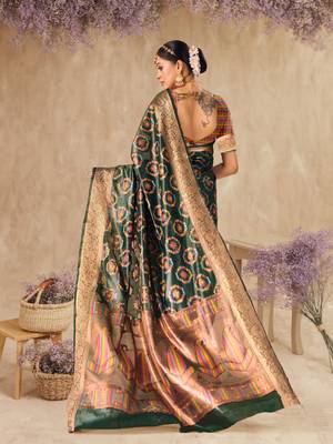 Bottle Green Organza Faux Kanjeevaram Woven Saree With Unstitched Blouse Piece 2