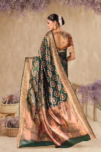 Bottle Green Organza Faux Kanjeevaram Woven Saree With Unstitched Blouse Piece