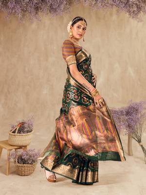 Bottle Green Organza Faux Kanjeevaram Woven Saree With Unstitched Blouse Piece 3