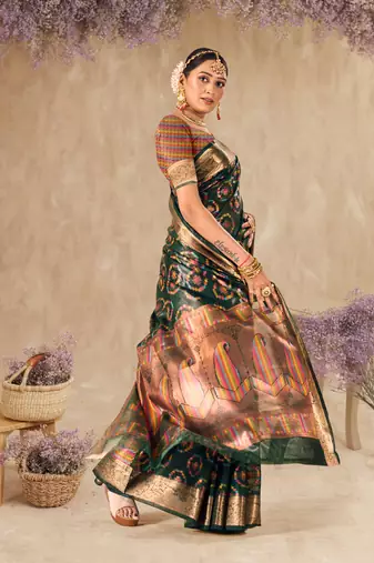 Bottle Green Organza Faux Kanjeevaram Woven Saree With Unstitched Blouse Piece