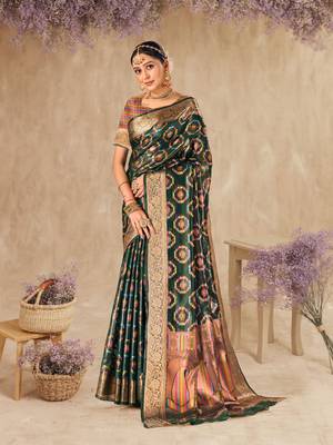 Bottle Green Organza Faux Kanjeevaram Woven Saree With Unstitched Blouse Piece 4