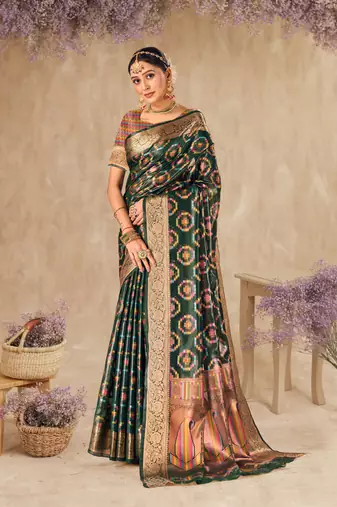 Bottle Green Organza Faux Kanjeevaram Woven Saree With Unstitched Blouse Piece