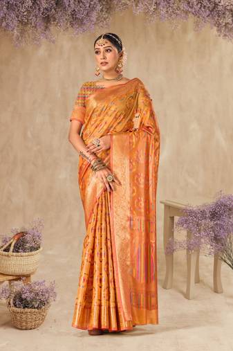 Orange Organza Faux Kanjeevaram Woven Saree With Unstitched Blouse Piece