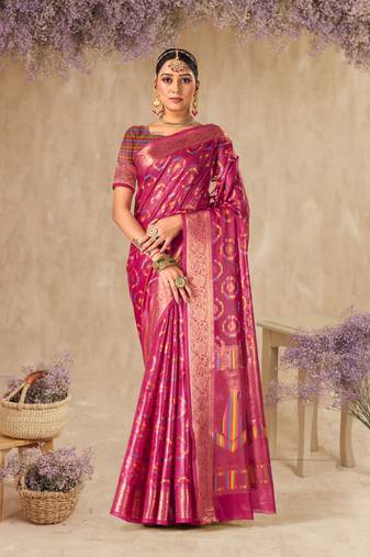 Rani Organza Faux Kanjeevaram Woven Saree With Unstitched Blouse Piece