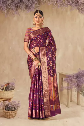 Wine Organza Faux Kanjeevaram Woven Saree With Unstitched Blouse Piece