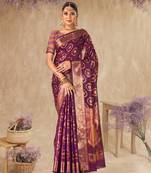 Wine Organza Faux Kanjeevaram Woven Saree With Unstitched Blouse Piece