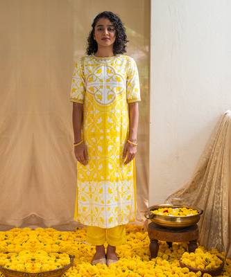 Yellow printed citrine kurta set 3
