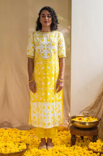 Yellow printed citrine kurta set