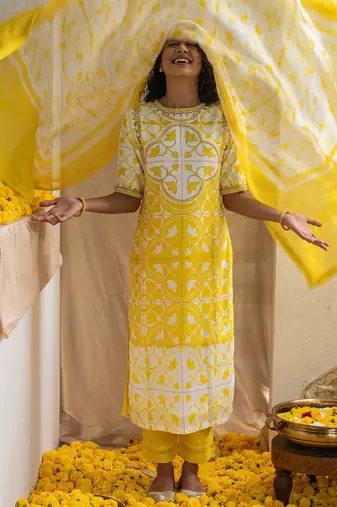 Yellow printed citrine kurta set