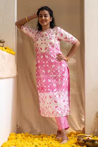 Pink printed blossom & blush kurta set