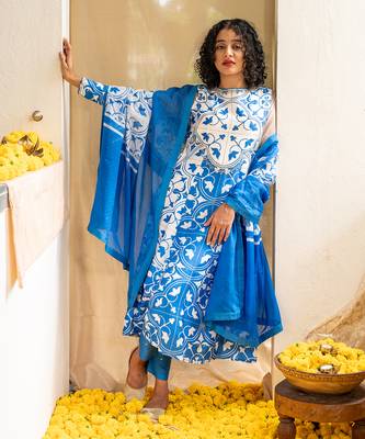 Blue printed lagoon luster kurta set 1