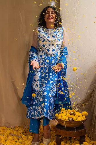 Blue printed lagoon luster kurta set