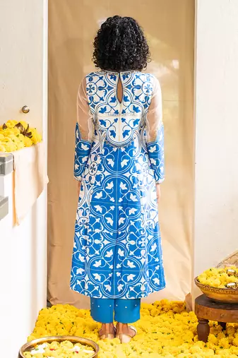 Blue printed lagoon luster kurta set