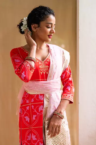 Red printed kurta set