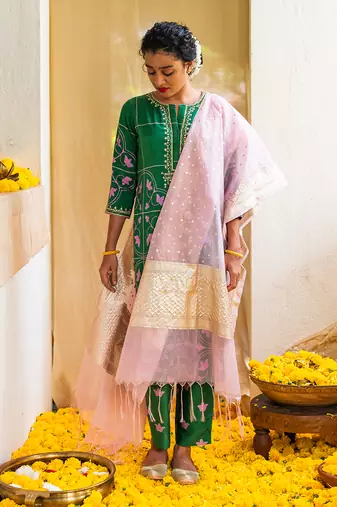 Green printed petal parade kurta set
