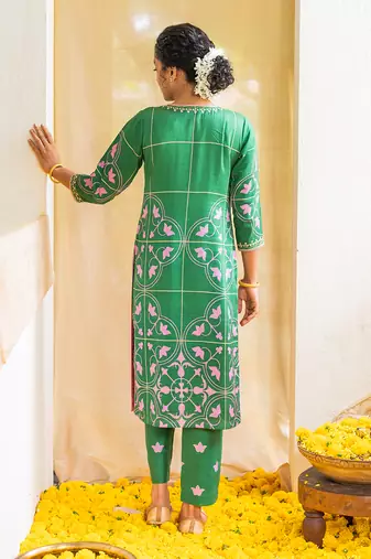Green printed petal parade kurta set