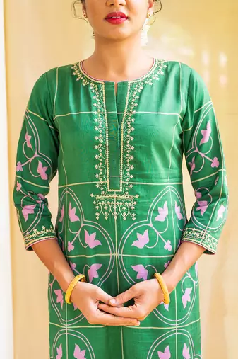 Green printed petal parade kurta set