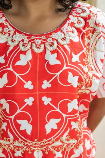 Red printed folkloric kurta set