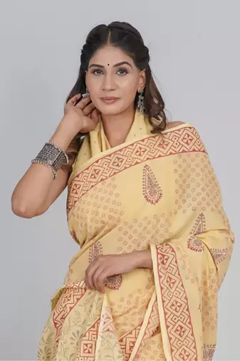 Shivanya handicrafts hand block printed women mulmul cotton sarees for women attach blouse piece sh-1678