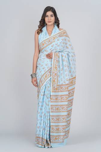 Shivanya handicrafts hand block printed women mulmul cotton sarees for women attach blouse piece sh-1679