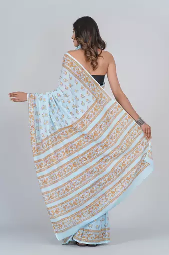 Shivanya handicrafts hand block printed women mulmul cotton sarees for women attach blouse piece sh-1679