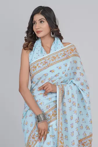 Shivanya handicrafts hand block printed women mulmul cotton sarees for women attach blouse piece sh-1679