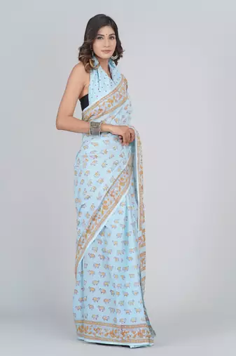 Shivanya handicrafts hand block printed women mulmul cotton sarees for women attach blouse piece sh-1679