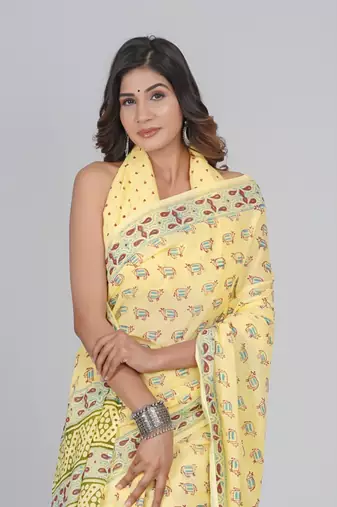 Shivanya handicrafts hand block printed women mulmul cotton sarees for women attach blouse piece sh-1681