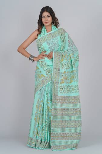 Shivanya handicrafts hand block printed women mulmul cotton sarees for women attach blouse piece sh-1682