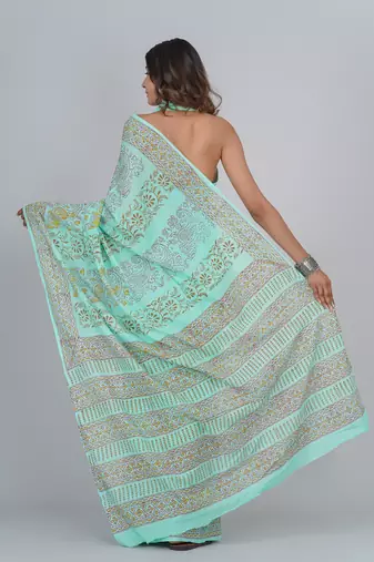 Shivanya handicrafts hand block printed women mulmul cotton sarees for women attach blouse piece sh-1682