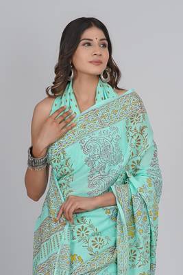 Shivanya handicrafts hand block printed women mulmul cotton sarees for women attach blouse piece sh-1682 3