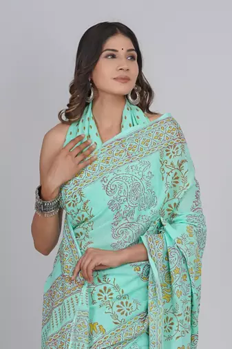 Shivanya handicrafts hand block printed women mulmul cotton sarees for women attach blouse piece sh-1682