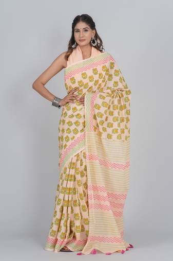 Shivanya handicrafts hand block printed women mulmul cotton sarees for women attach blouse piece sh-1685