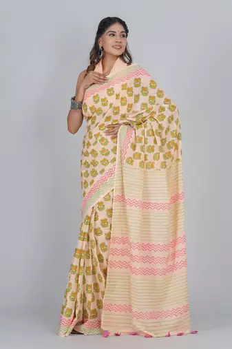 Shivanya handicrafts hand block printed women mulmul cotton sarees for women attach blouse piece sh-1685