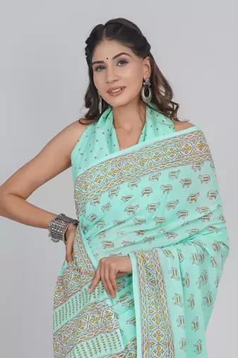 Shivanya handicrafts hand block printed women mulmul cotton sarees for women attach blouse piece sh-1686