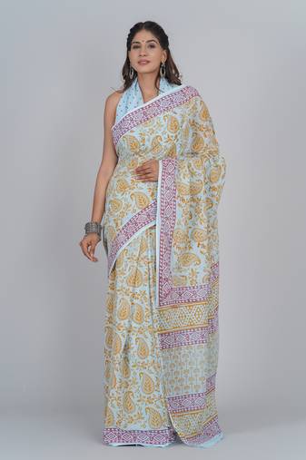 Shivanya handicrafts hand block printed women mulmul cotton sarees for women attach blouse piece sh-1687