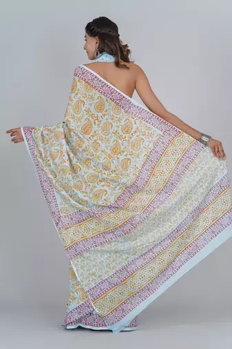 Shivanya handicrafts hand block printed women mulmul cotton sarees for women attach blouse piece sh-1687