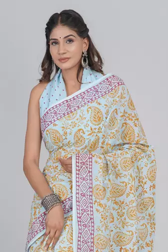 Shivanya handicrafts hand block printed women mulmul cotton sarees for women attach blouse piece sh-1687
