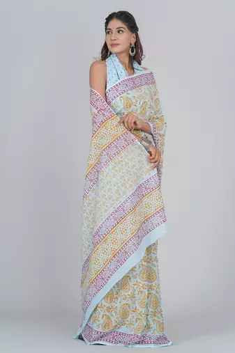 Shivanya handicrafts hand block printed women mulmul cotton sarees for women attach blouse piece sh-1687