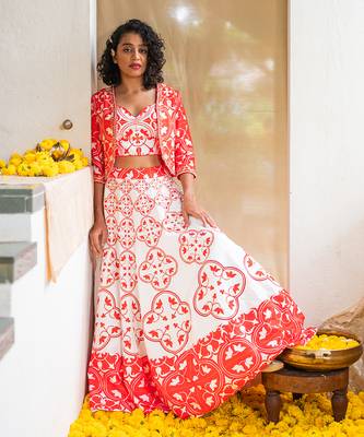 Red Printed Rhapsody Tiles Lehenga Set 1
